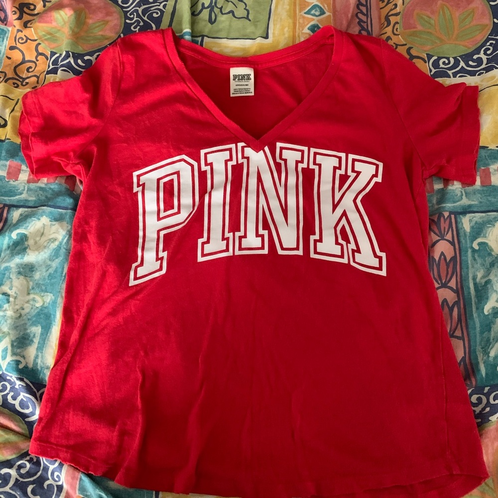Red and white V-neck tee